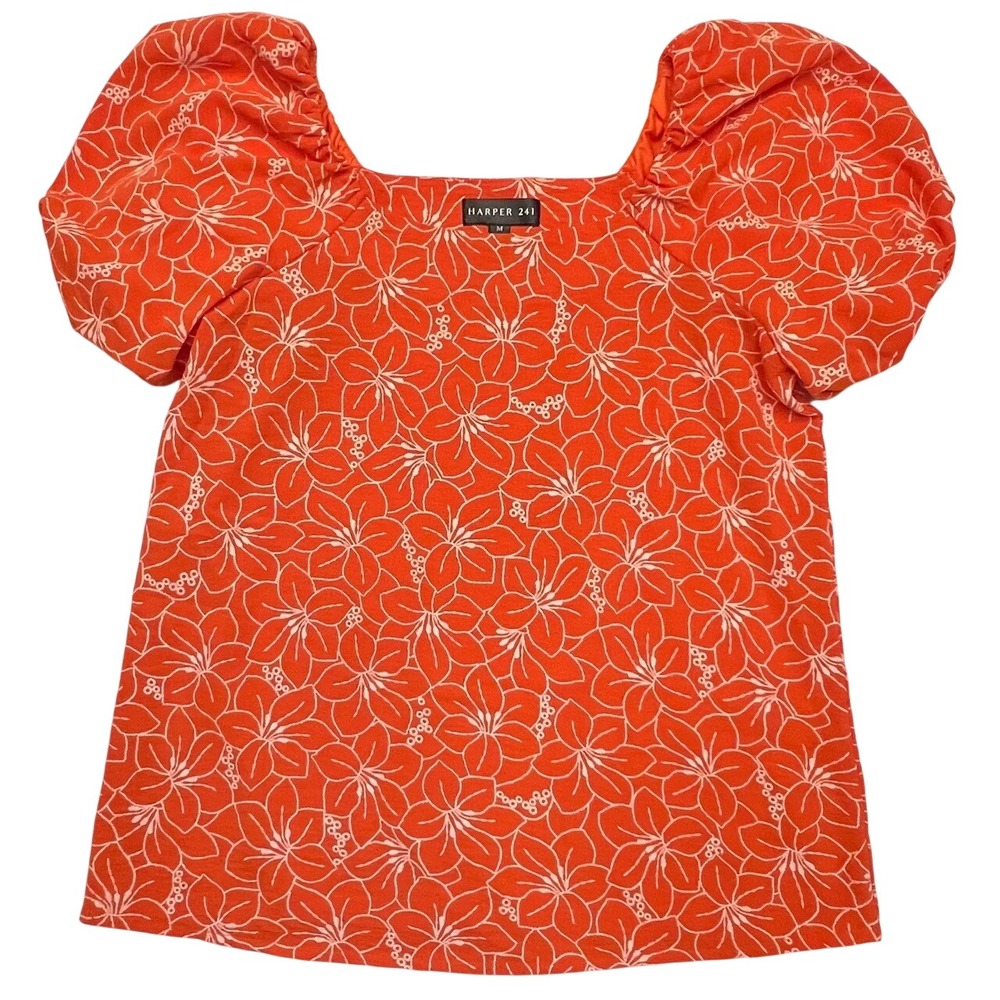 HARPER 241 Orange & White Floral Puff Sleeve Bohemian Top‎ Size M